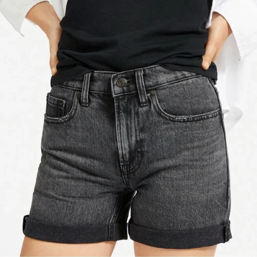 Everlane Denim Shorts in Washed Black High Rise Long Inseam Raw Hem- Size 28